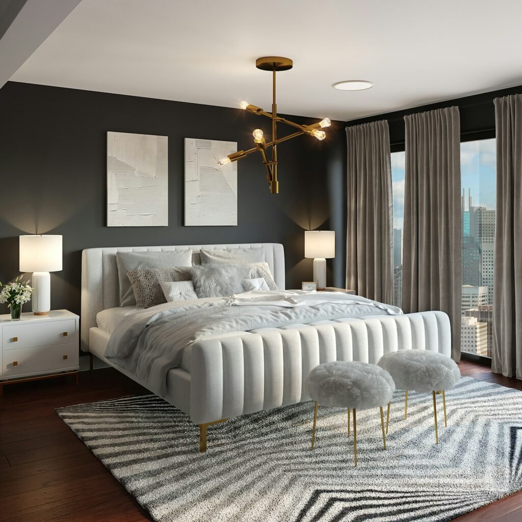 Calm apartment bedroom with neutral furnishings