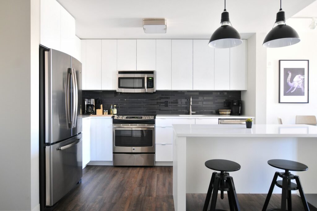 Modern apartment kitchen with clean countertops